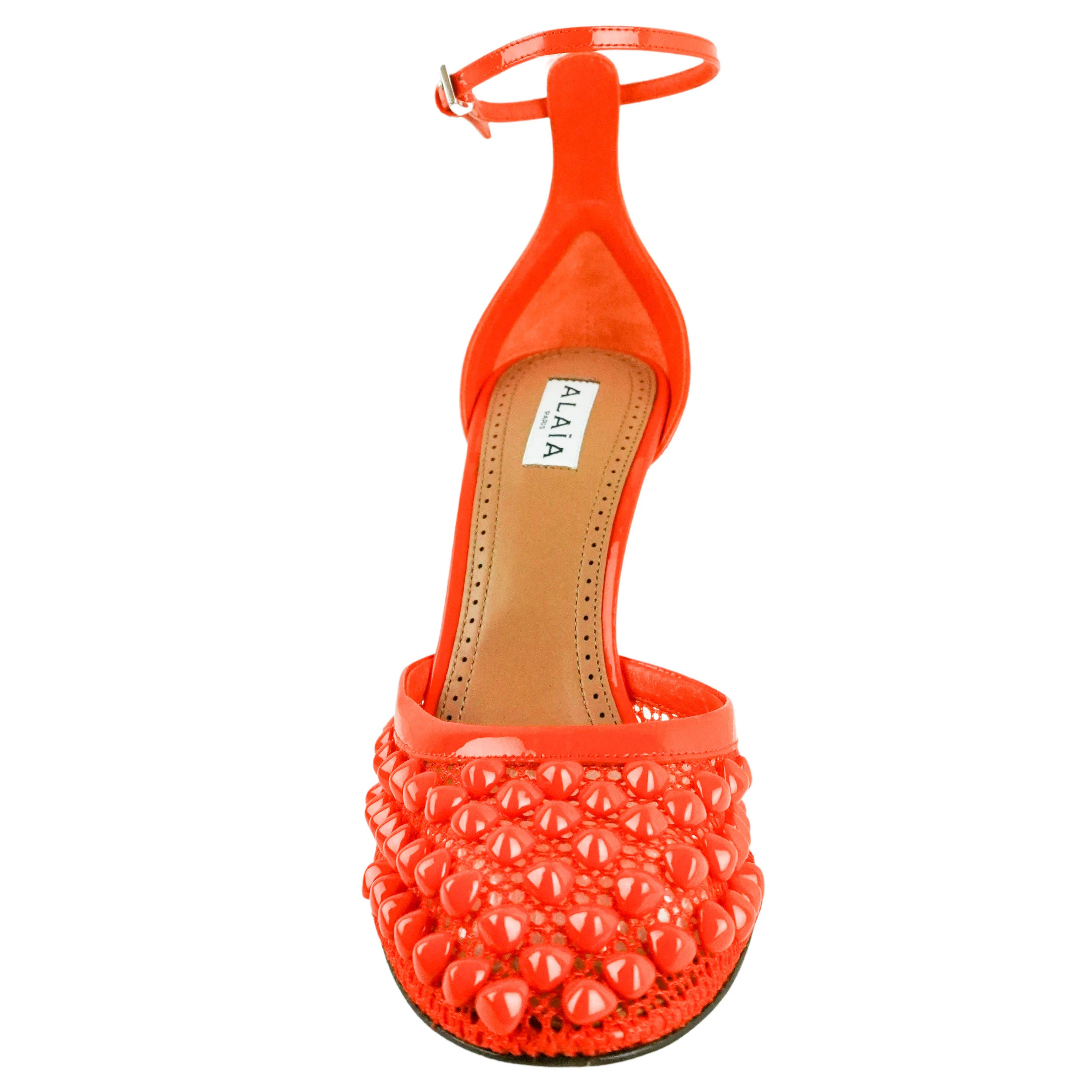 Alaïa Embellished Mesh and Leather Pumps in Orange Red - Image 5