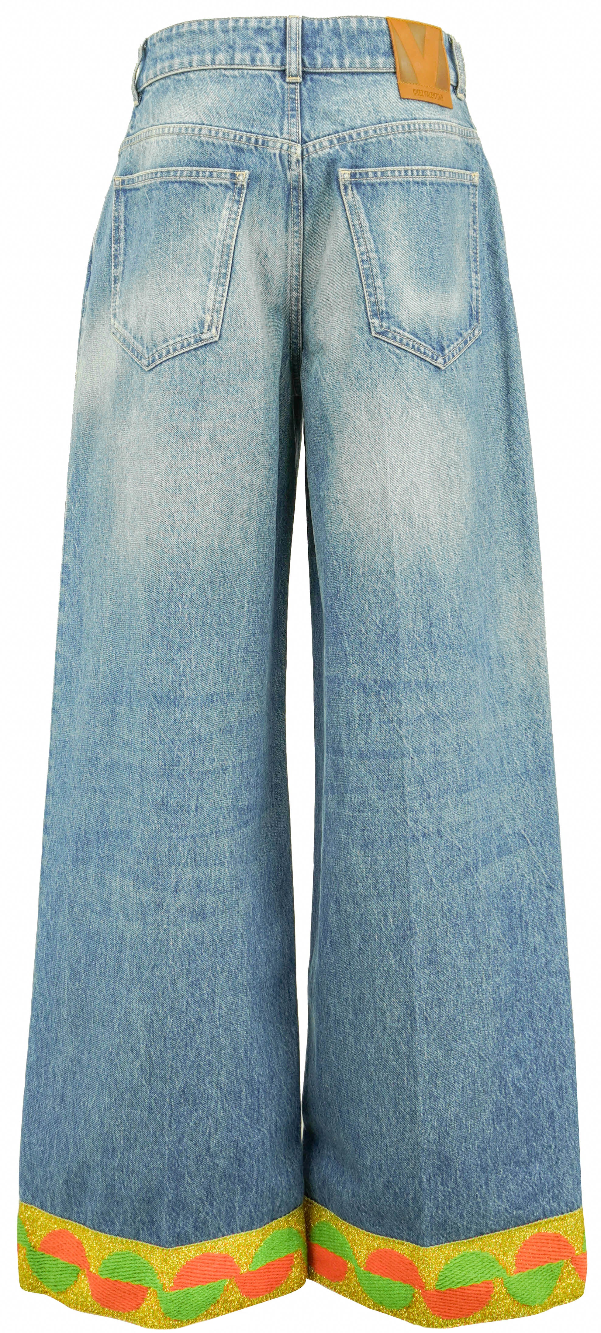 Valentino Wide Leg Jeans with Metallic Knit Cuffs in Medium Wash Denim - Image 3