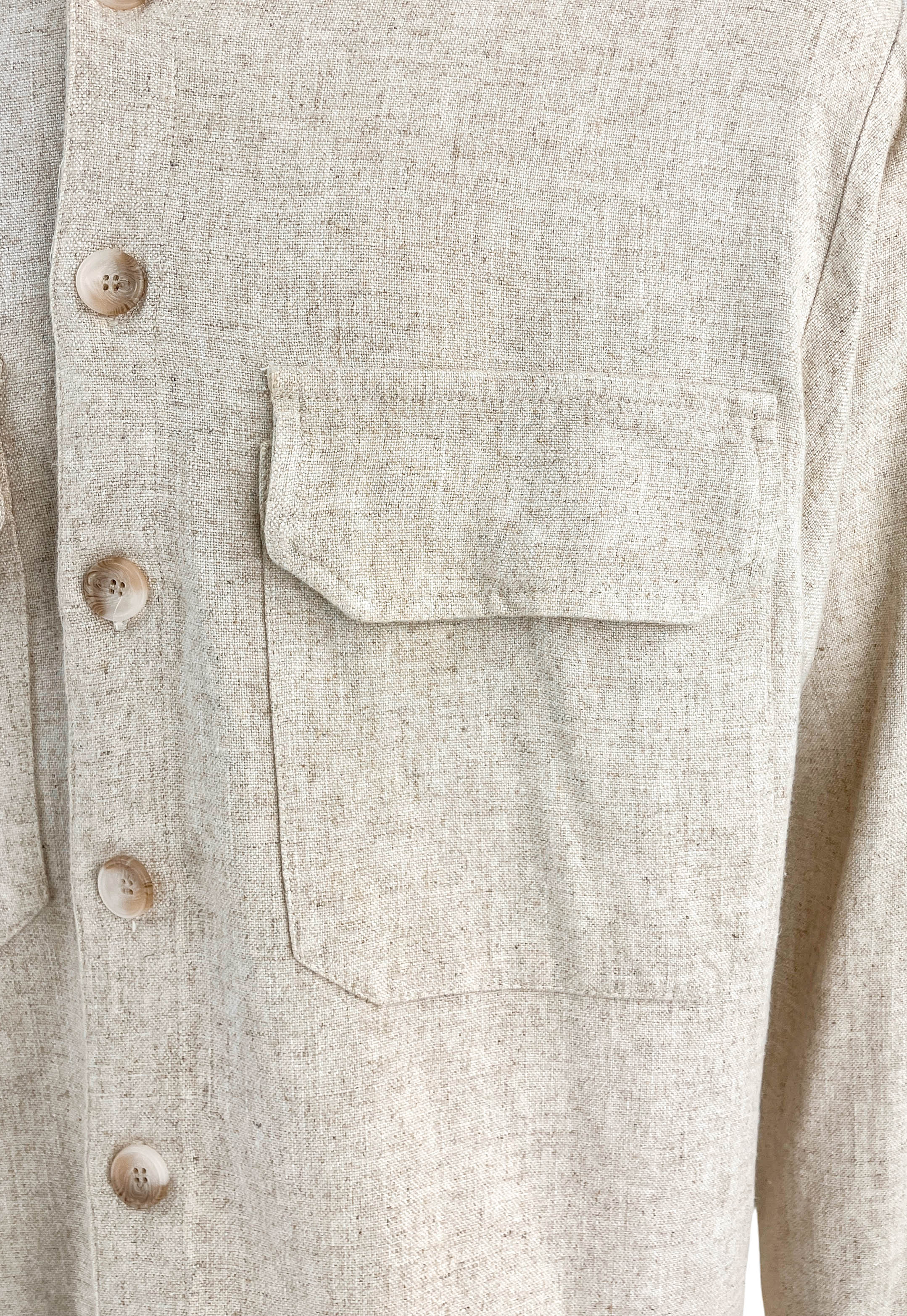 White Sand Linen Blend Button Front Shirt in Light Beige - Image 3